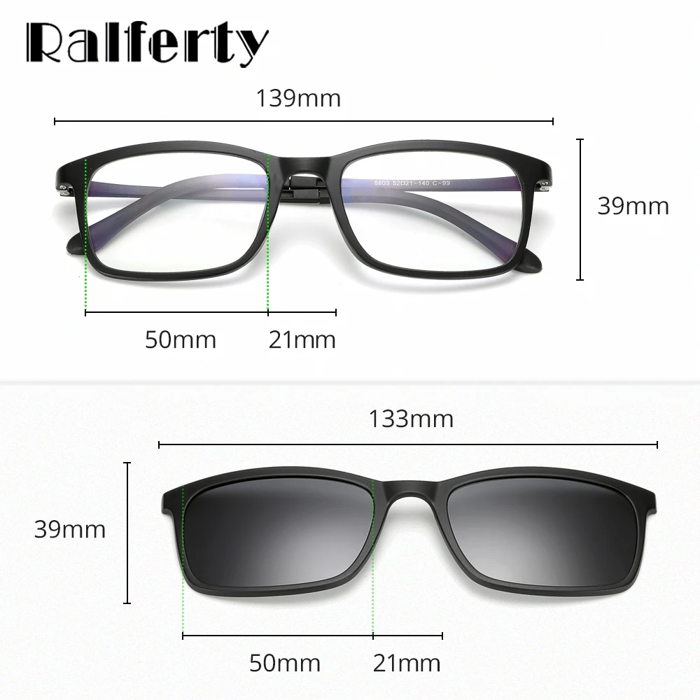 Ralferty Polarized Sunglasses Men Women 5 In 1 Magnetic Clip On Glasses TR90 Optical Prescription Eyeglass Frames Magnet Clips