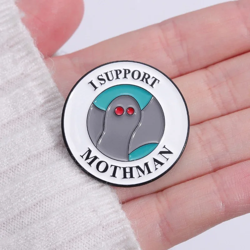 Cartoon Ghost Red Eye Enamel Pins Geometric Round Brooches I Support Mothman Punk Gothic Lapel Badges Clothes Bags Jewelry Gifts