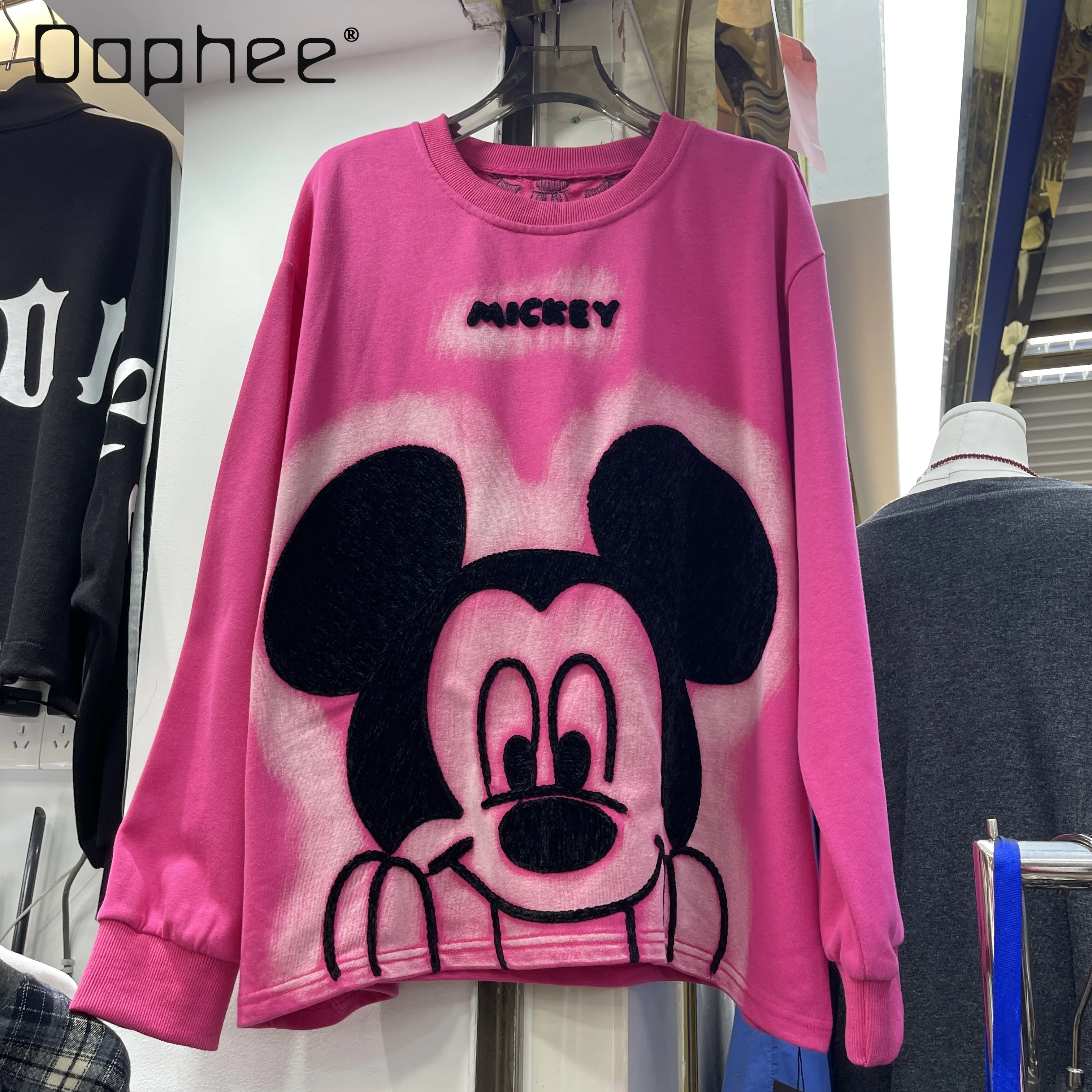 Rose Red Oversized Tops 2023 Spring New Korean Style Cartoon Print Long Sleeve Round Neck Loose Pullover Sweatshirt for Women