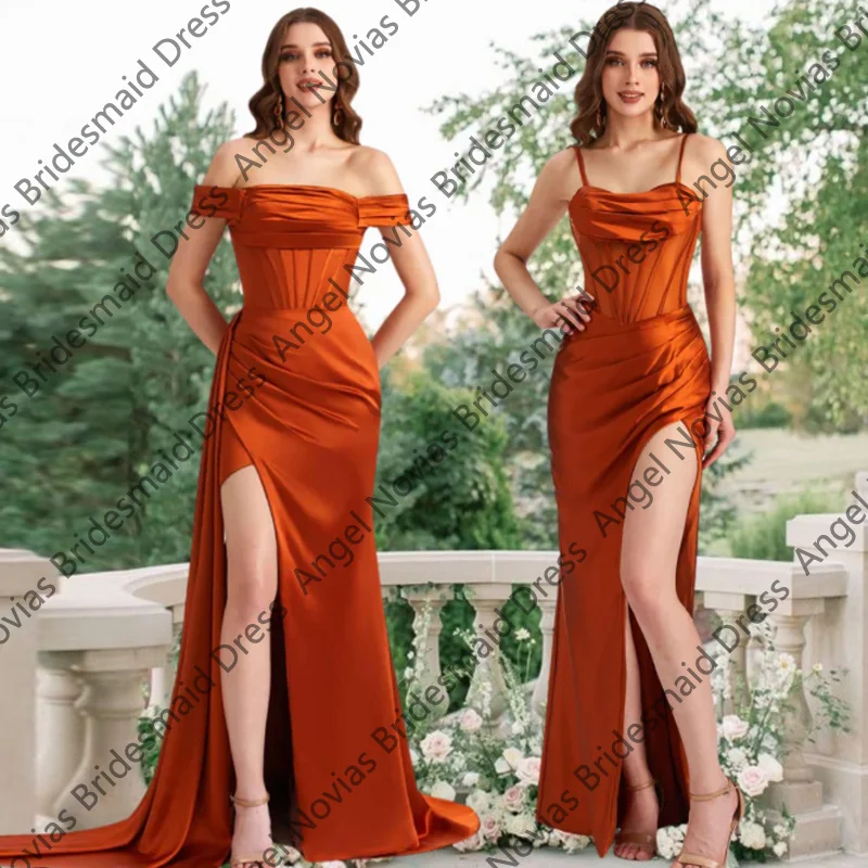 

Long Burnt Orange Mermaid Bridesmaid Dresses with Slit Customized Wedding Party Dresses Vestidos De Fiesta Elegantes