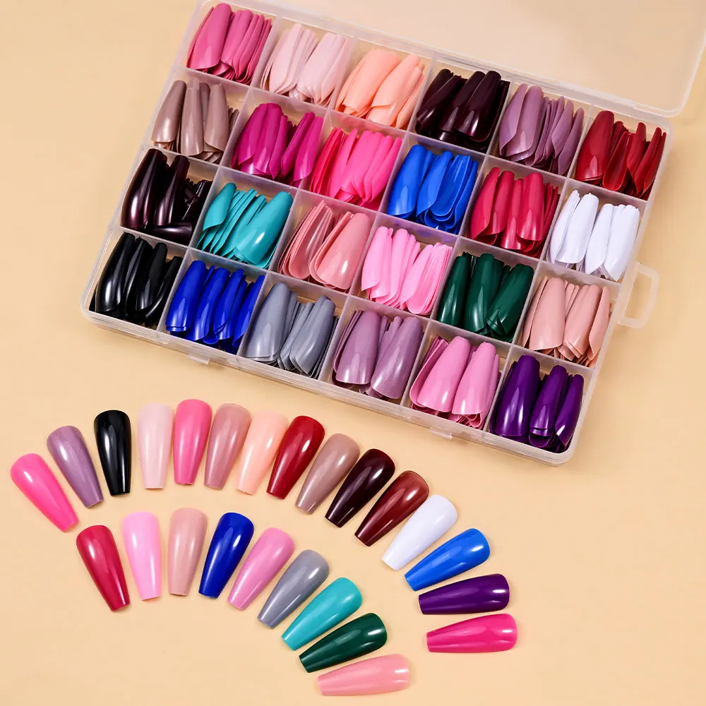 576pcs 24*24 Solid Color Press On Nails Glossy Long Coffin Fake Nails Nude Full Cover False Nail Tips For Women Girls Nail Art *