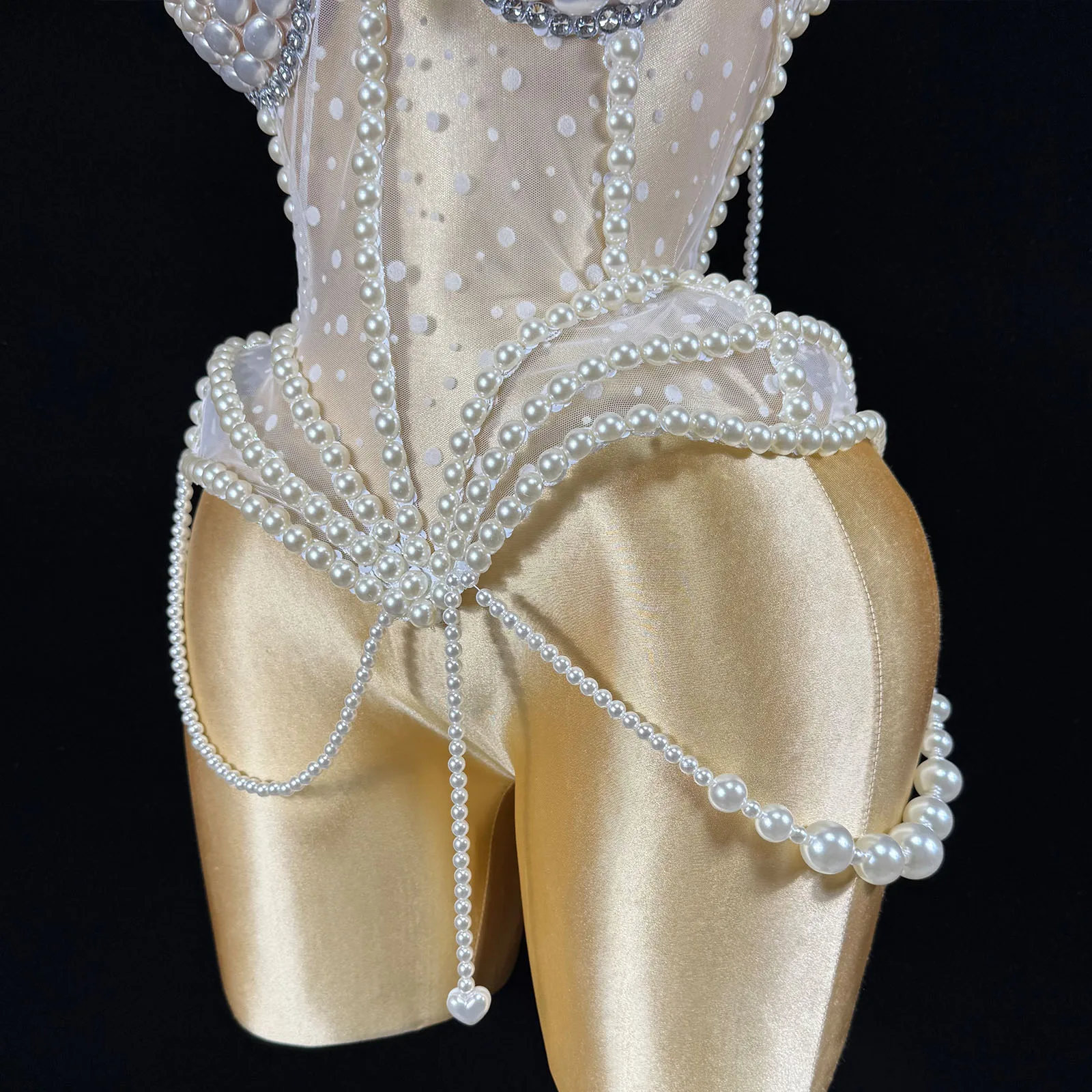 NEW GOGO White Pearl Show Girl Stage Sexy Women Nightclub Party Birthday Crop Tops Wear Singer Performance Drag Queen Costumes