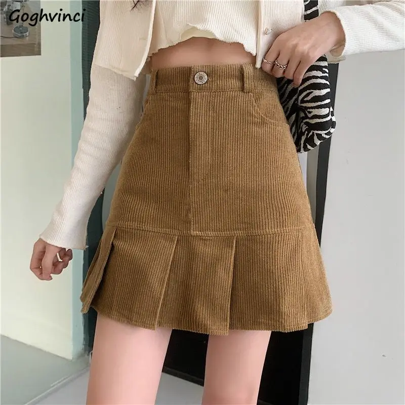 

Pleated Skirts Women Corduroy A-line Loose Preppy Style High Waist Streetwear Korean Fashion All-match Mini Students Harajuku