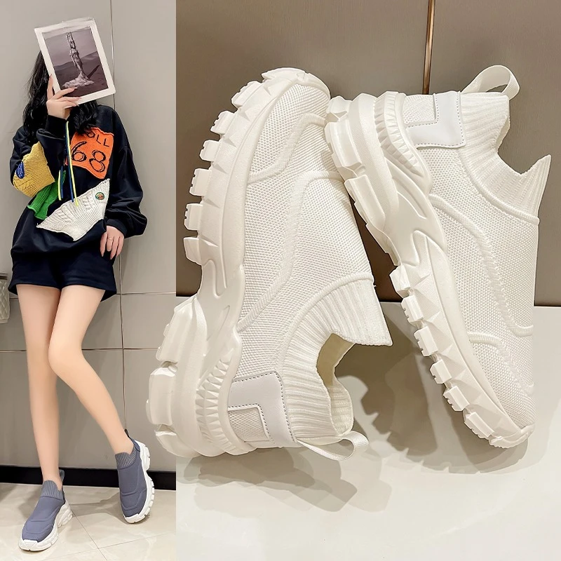 

New Fashion Women Thick bottom knitting Lace-Up Casual Sneakers Breathable Mesh Shoes Comfortable non-slip wear-resistant Shoes