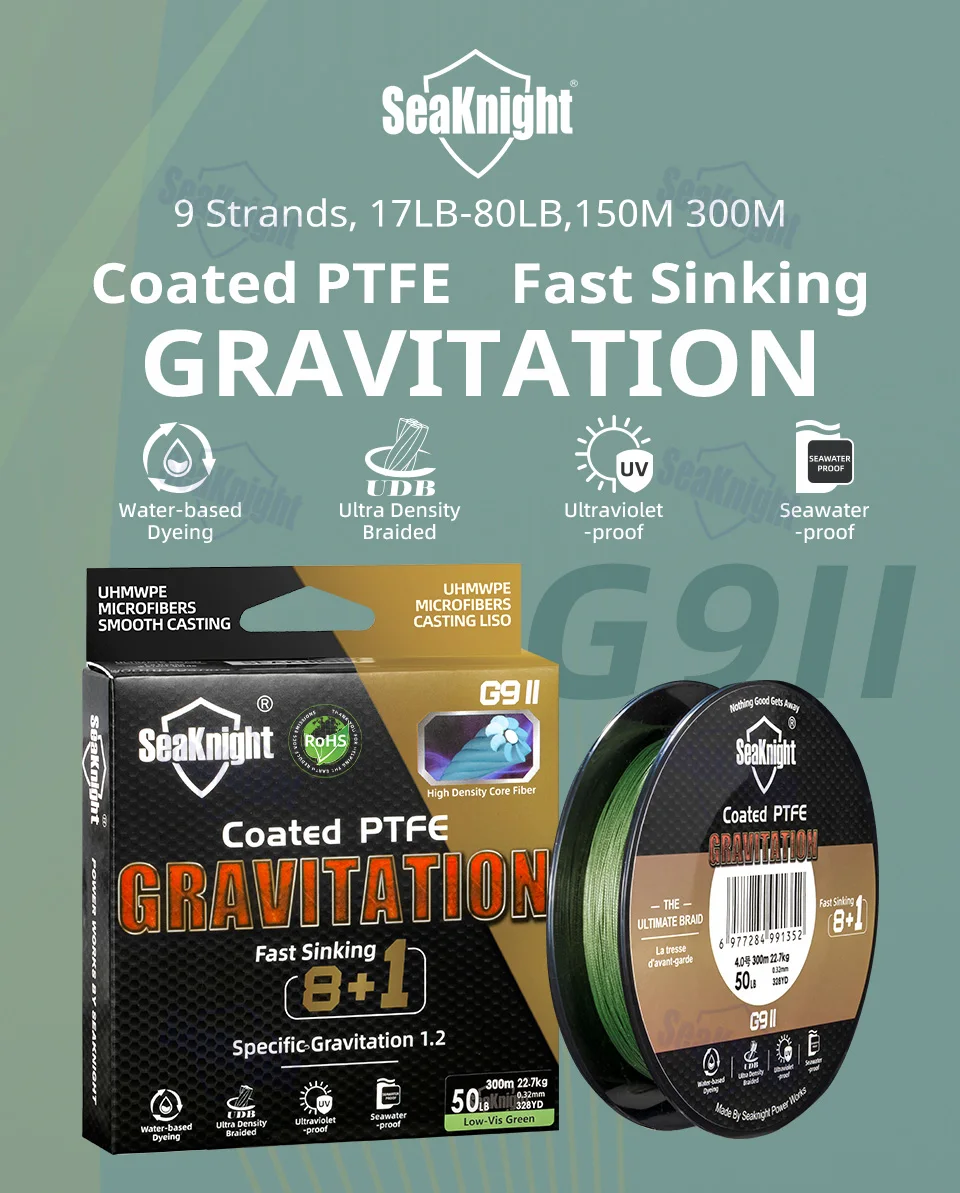 SeaKnight Brand Gravitation G9 II sinkende Angelschnur, 300 m/150 m beschichtete geflochtene PTFE-Angelschnur, meerwasserbeständig, UV-beständig – Detail 2
