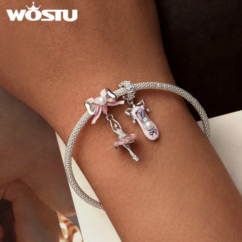 WOSTU 925 Sterling Silver Princess Pink Bear Bead Ballet Girl Charm Shoe Bow Pendant Saftey Chain Fit Bracelet Neckalce DIY Gift