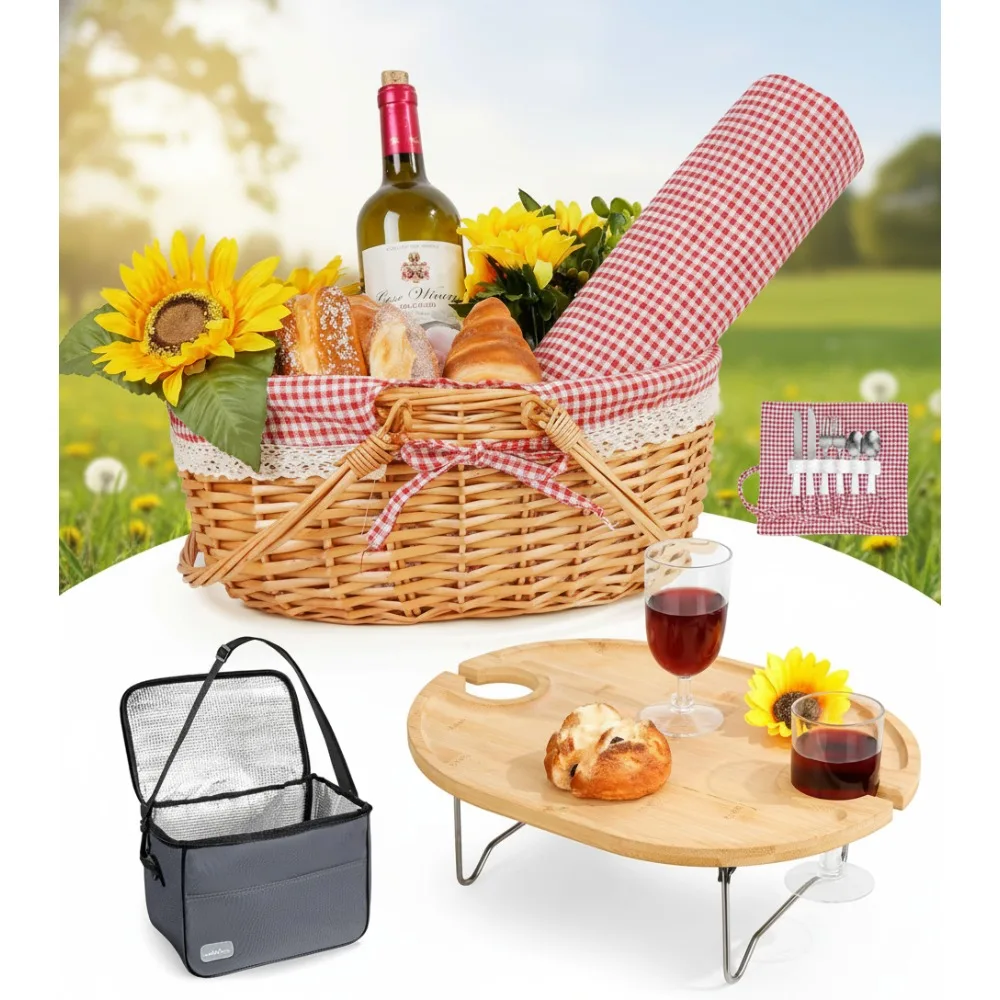 

2-Person Picnic Set with Folding Table, Insulated Cooler & Waterproof Blanket - Perfect for Beach Dates & Outdoor Gifts