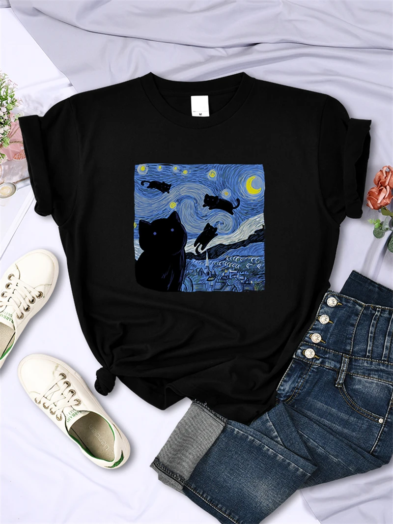 

The Starry Cat Night Women T Shirts Fashion Breathable Cool Short Sleeve Street Hip Hop Tops Casual All-math Female Tee Clothing