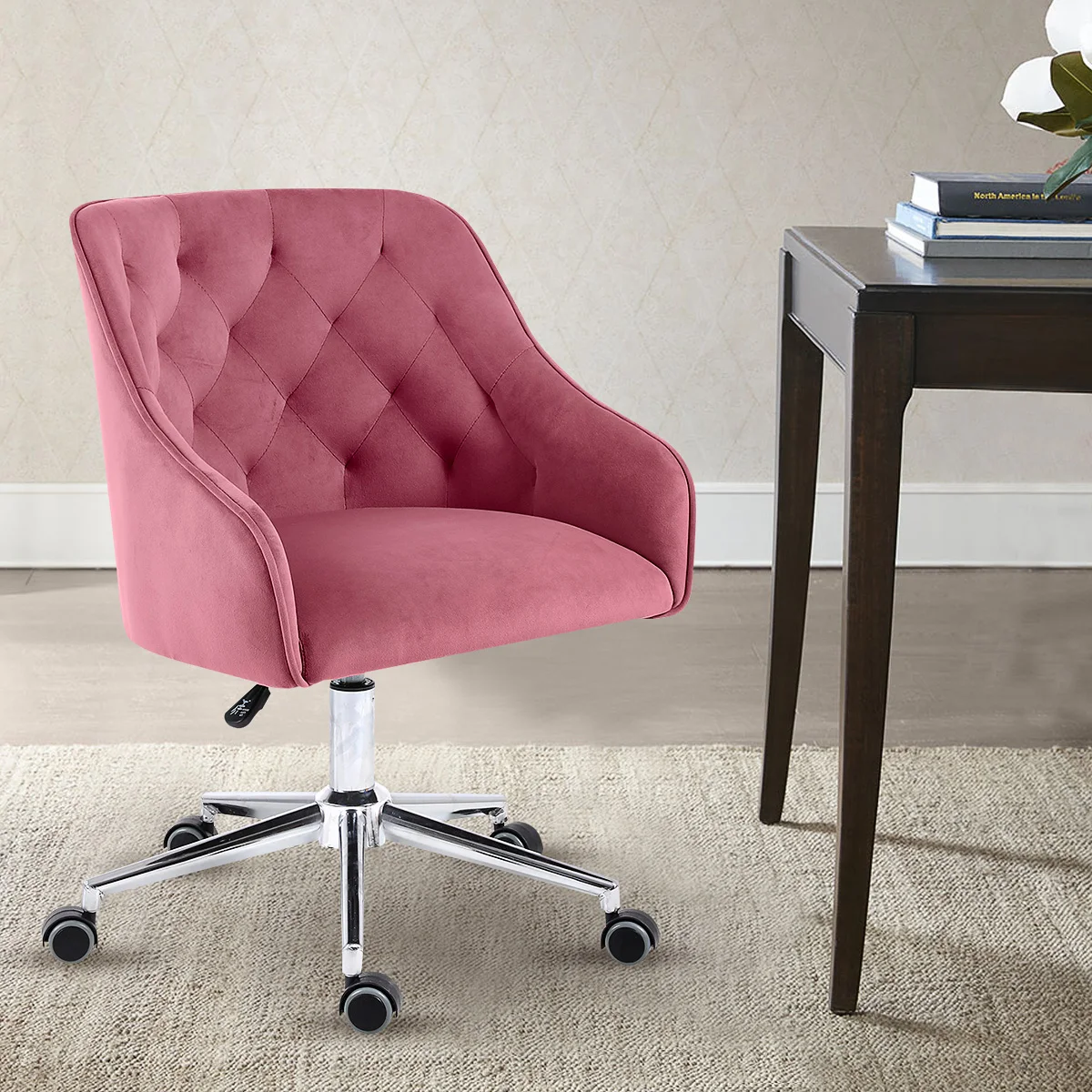 

Modern Swivel Chair With Wheels Back Sponge Material Height Adjustable Armchair Bedroom Living Room Vanity Make Up Seat Chair