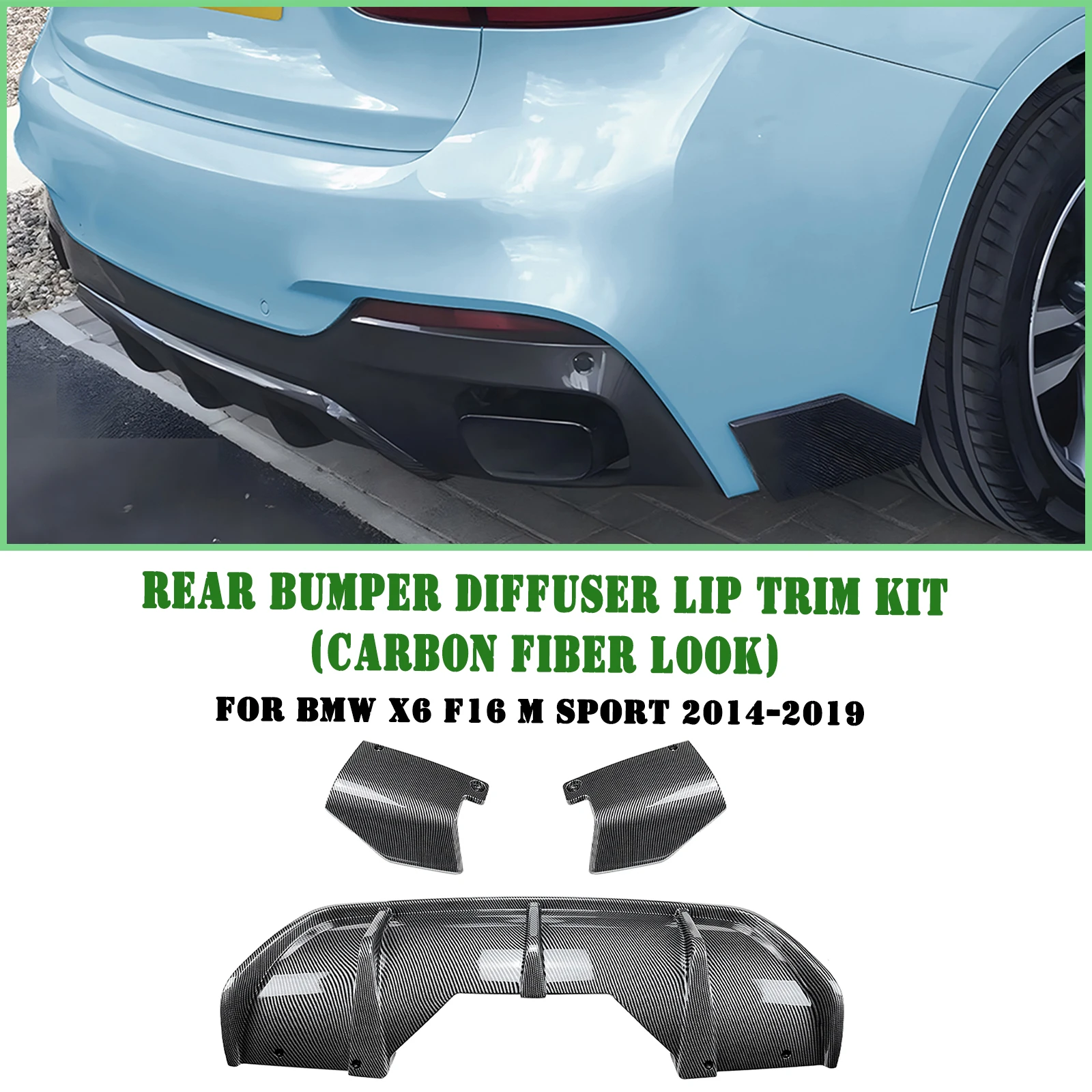 

For BMW X6 F16 M Sport 2014-2019 Rear Bumper Diffuser Lip+Boot Side Spoiler Corner Cover Splitter Carbon Fiber Look/Gloss Black