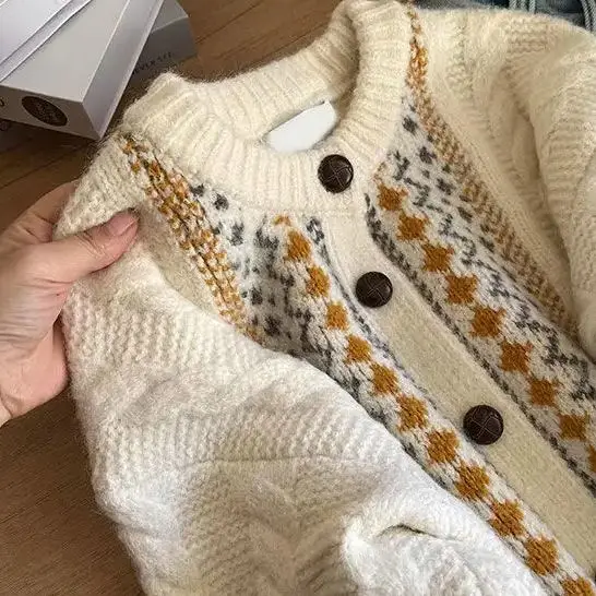 American Cardigan Sweater Women Retro Fair Isle Button Autumn Winter Loose Lazy Style Soft Waxy Versatile Sweater Trendy