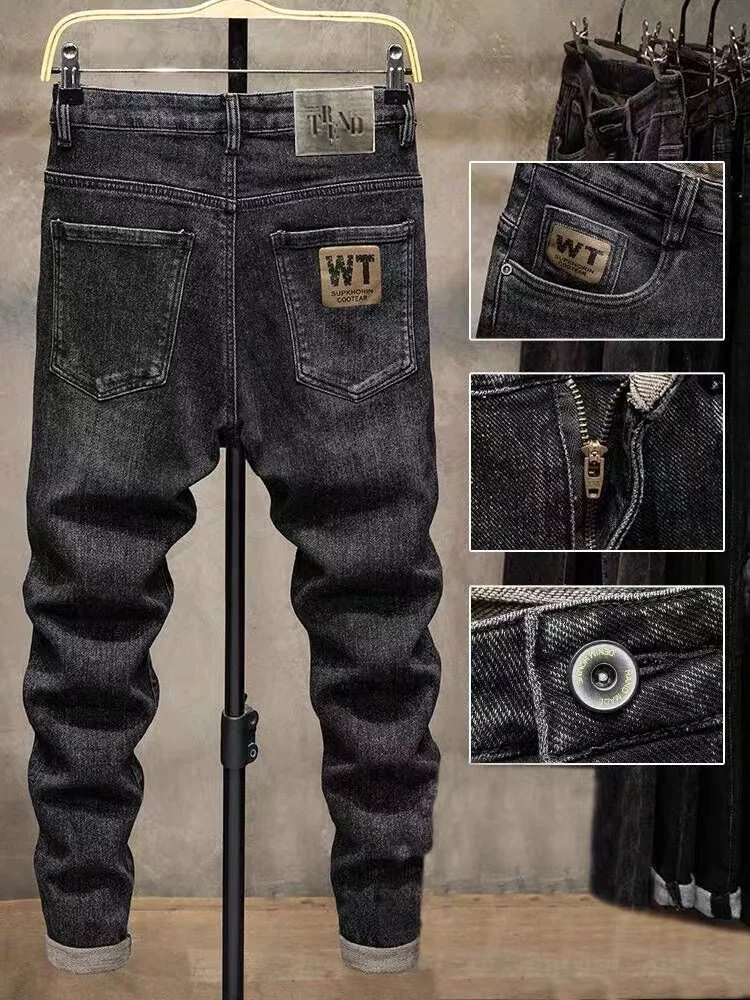 

European Station High-End Elastic Denim Jeans Men's Autumn Winter New Style Slim Fit Trendy Long Pants Cotton Polyester Blend