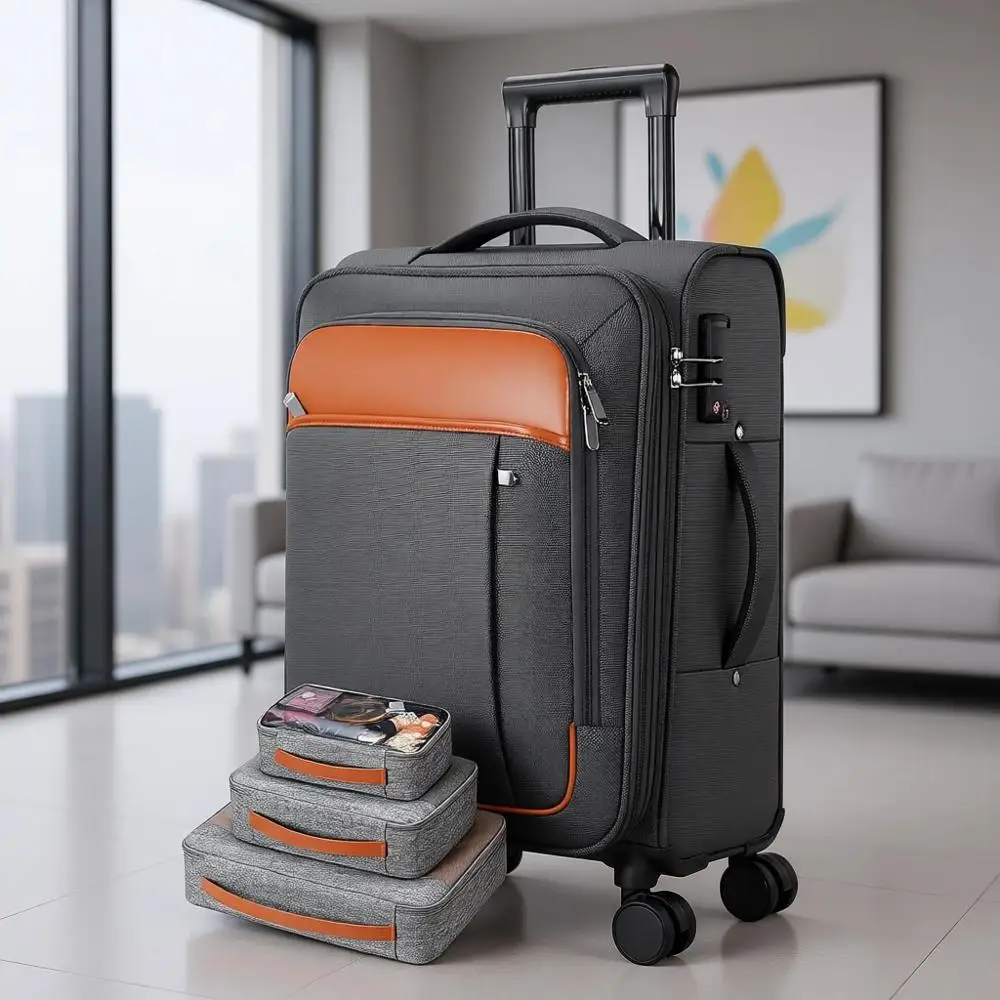 

Расширяемый чемодан на колесах 20 дюймов, одобренный авиакомпаниями, с замком TSA и 4-мя упаковочными сумками (серый)