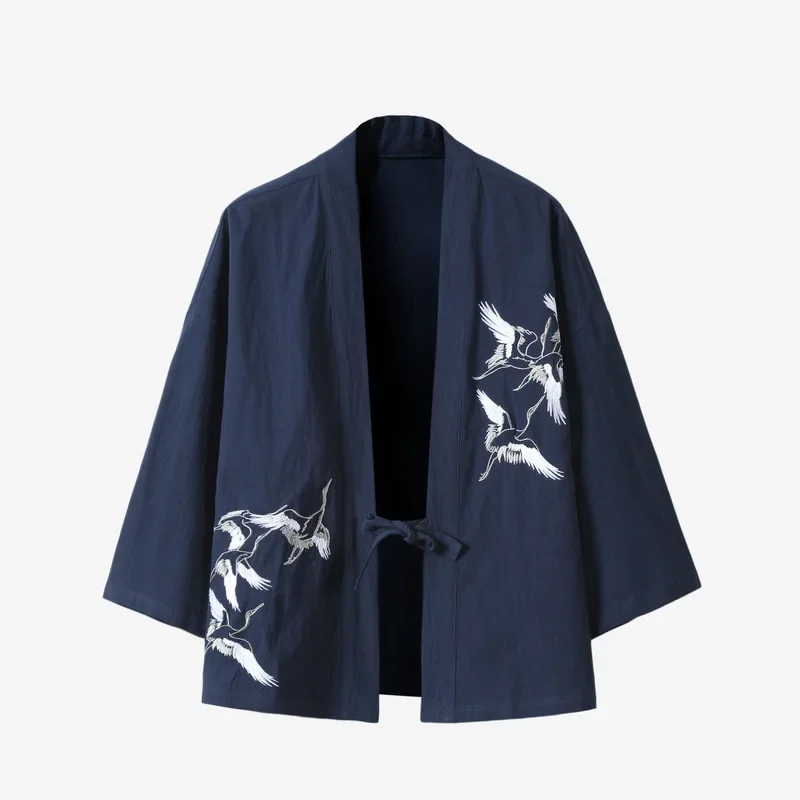 Japanese Style Kimono Robes Traditional Crane Print Haori Cardigan Asian Clothes Samurai Yukata Men Jackets Hip Hop Streetwear