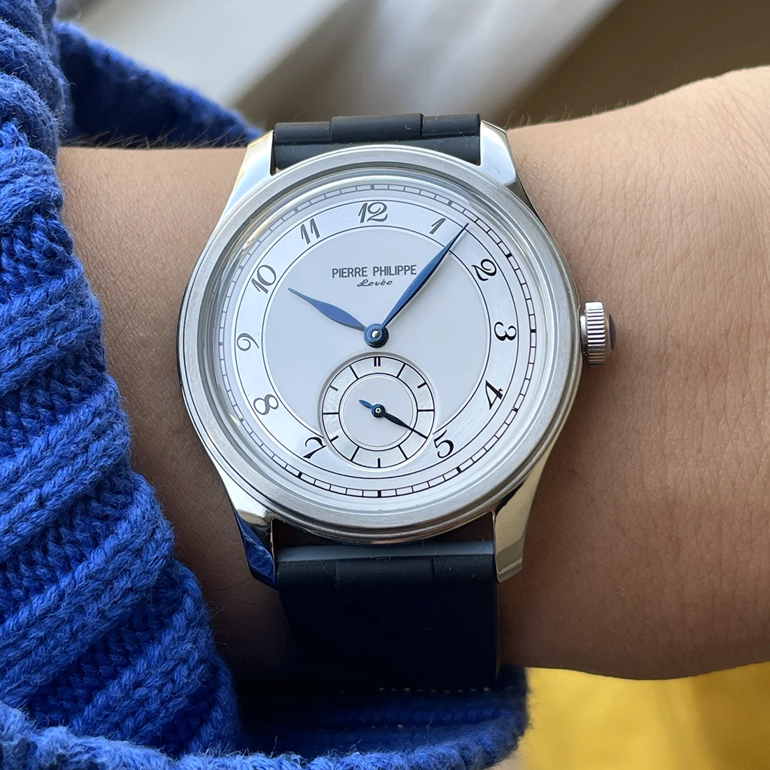 PIERRE PHILIPPE Field นาฬิกาสีเทา Dial Vintage นาฬิกาผู้ชายไพลินคริสตัล Bubble Glass Mechanical Manual Hand Wind นาฬิกา