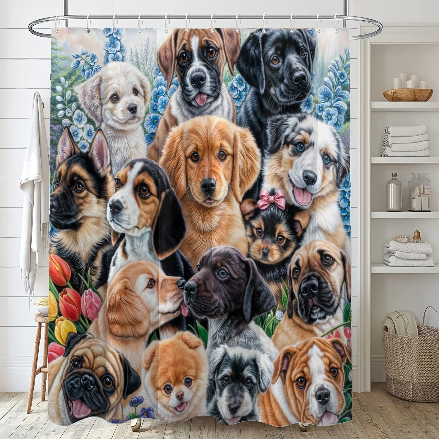 4-piece set of Cute little dog kitten waterproof shower curtain with 12 hooks, waterproof printed curtain, bathroom floor mat