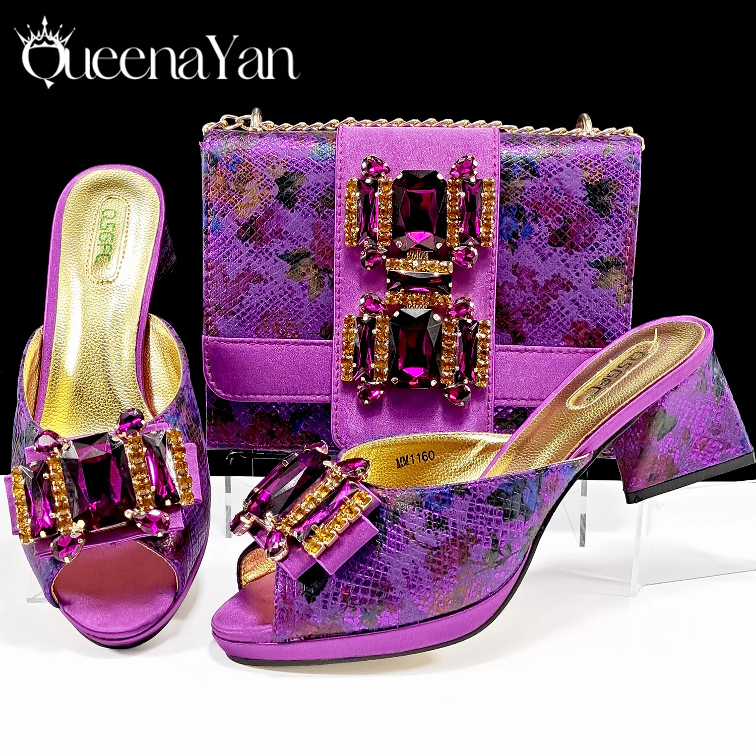 QSGFC Elegant Women Heels for Peep Toe Good Material Design Rhinestone Purple Sandals Italian Shoes and Bags Matching Set 2024