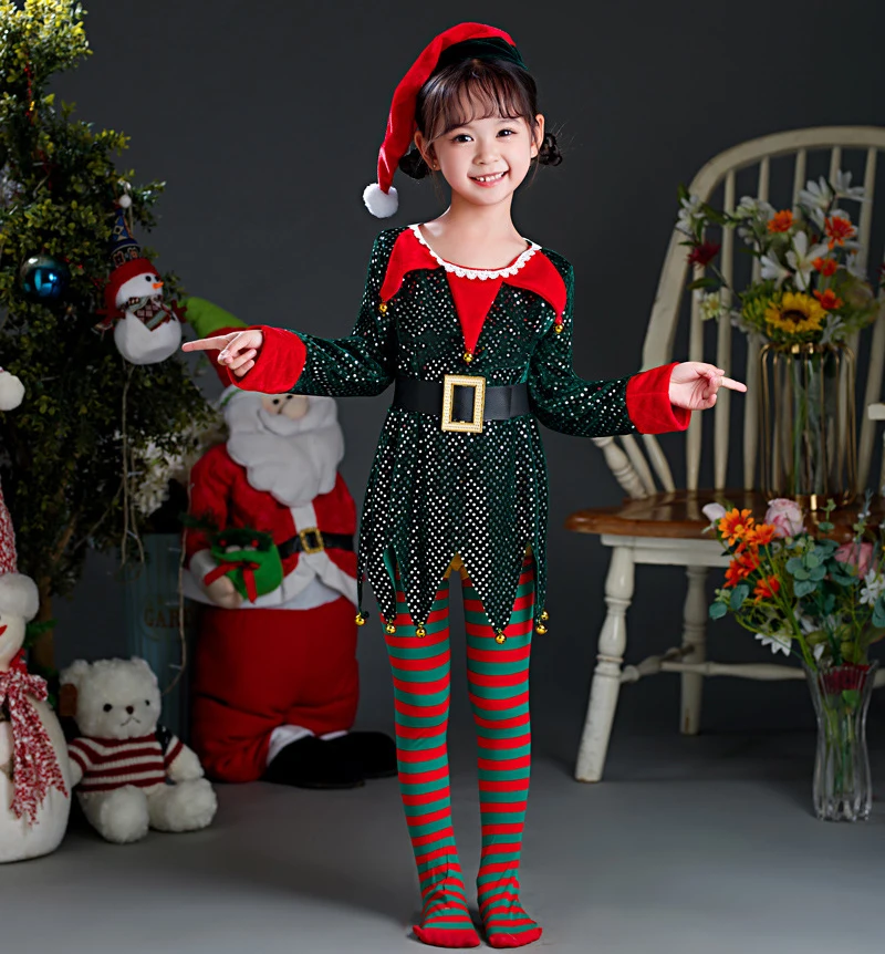 Glitter Christmas Elf Costume for Kids Girls Children Sparkling Sequins New Year Xmas Party Outfit Gift Santa Claus Fancy Dress