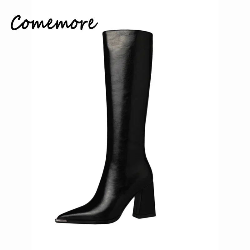 Comemore Fashion Side Zippers Long Booties Ladies Elegant High Heel Shoes Winter Women\'s Footwear Pointed Toe Women High Boots