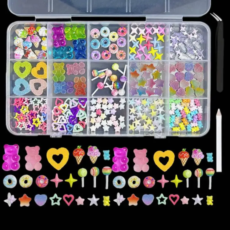 1Box Colorful Mixed Bear Fudge Ice-cream Nail Charms Hollowed-out Heart Star Nail Decorations DIY Nail Accessories