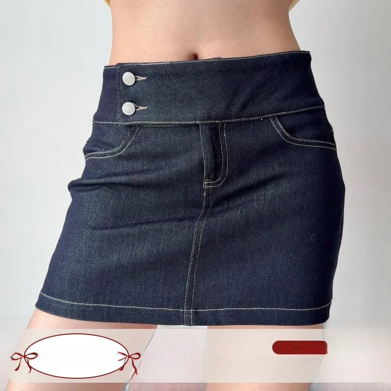 

Go Girl Go Retro Denim Deep Blue A-Line Skirt Slimming Women's Mid-Waist Fitted Skirt Polyester Cotton Lycra Blend