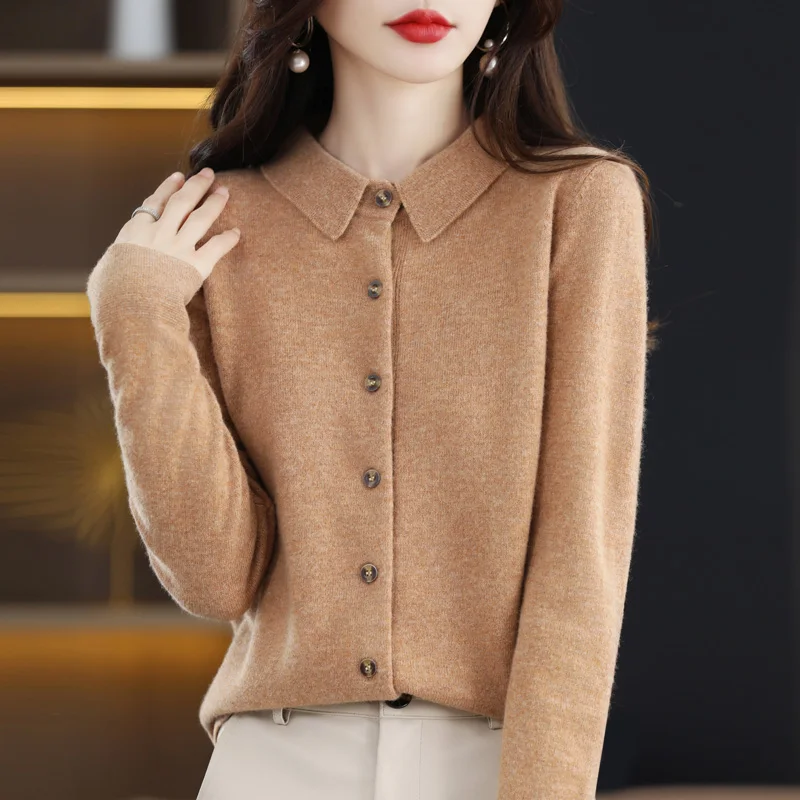 2024 Autumn New Polo Collar 100% Australian Pure Wool Sweater Women's Shirt Collar Outward Flip Collar Cardigan Outward Top