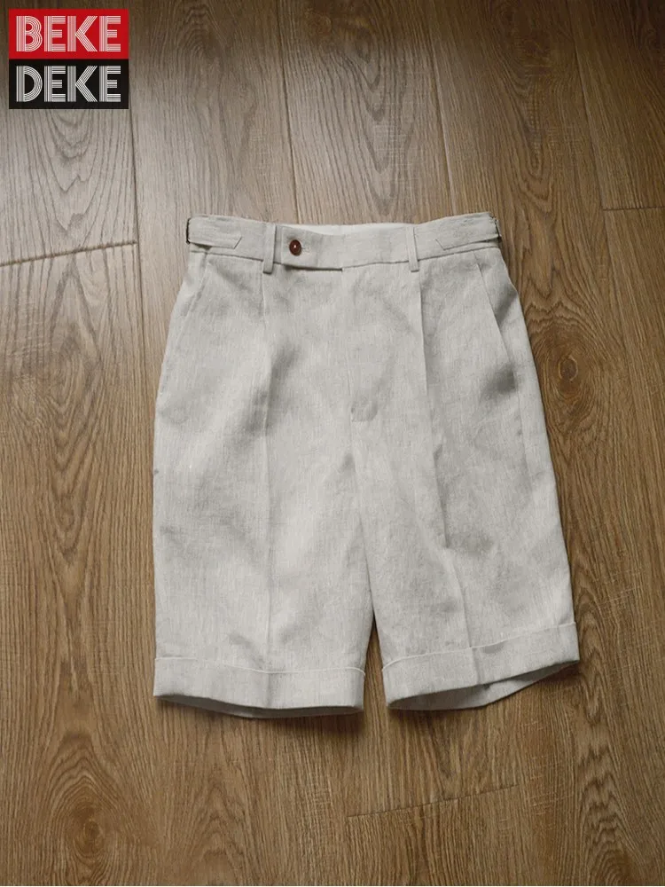 

Летние мужские льняные повседневные шорты в британском стиле в стиле ретро, дышащие облегающие прямые короткие брюки длиной до колена с высокой талией