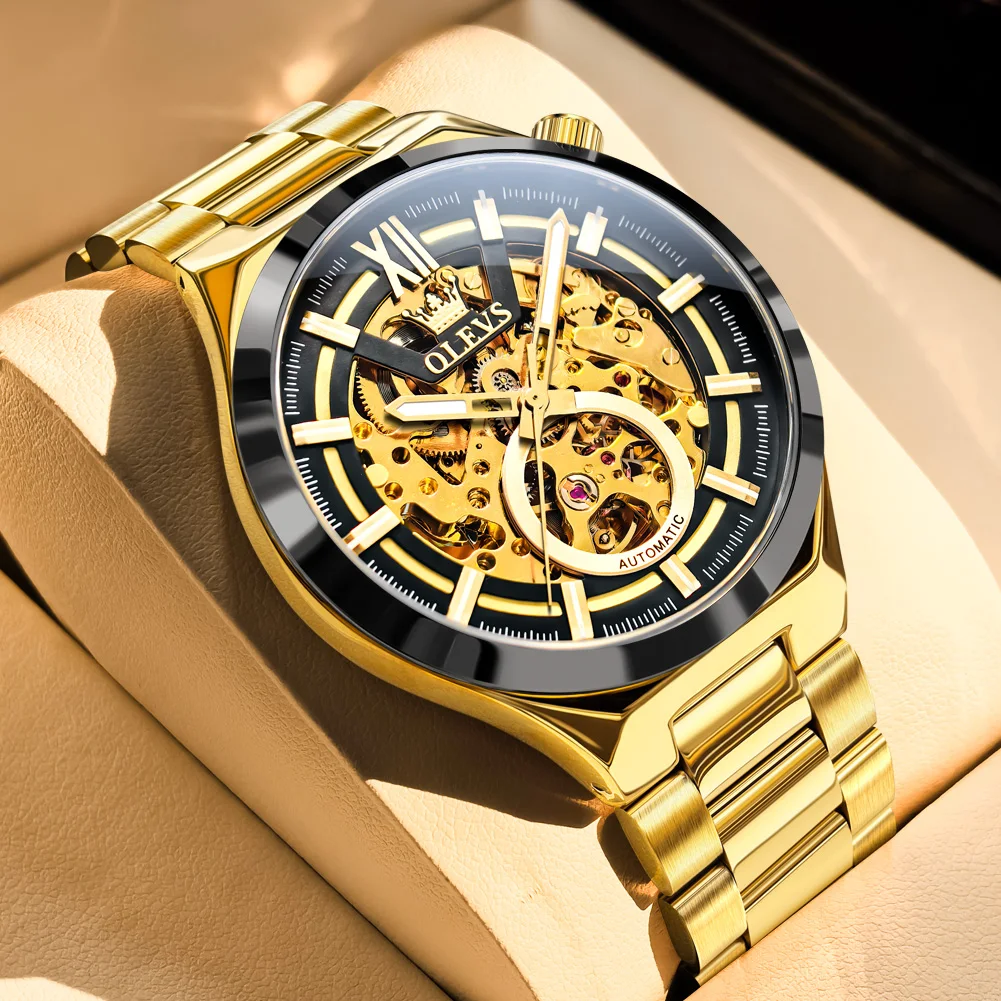 

OLVES Brand New Luxury Tourbillon Mechanical Watch for Men Stainless Steel Waterproof Luminous Skeleton Automatic Watches Mens