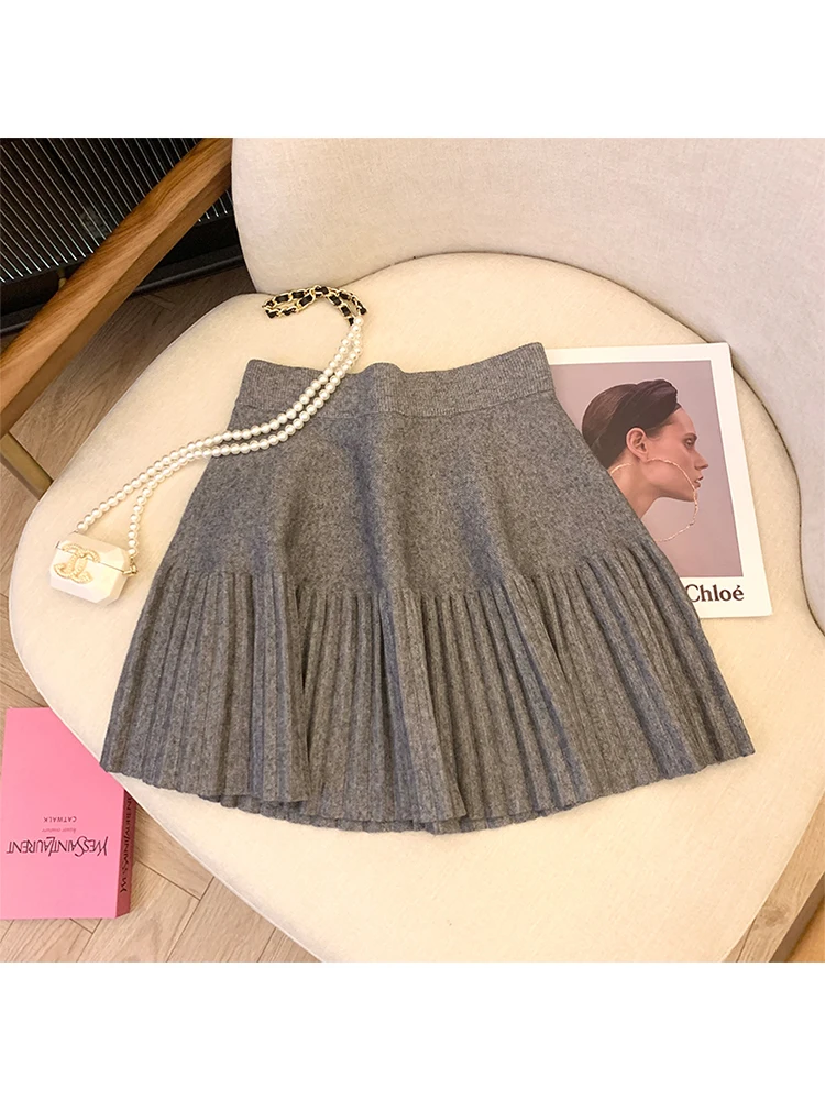 Summer Women Korean Fashion Cute Core Mini Solid Color Knit Pleated Skirt Gyaru 2000s Aesthetic A-line Retro Kpop Vintage Tide