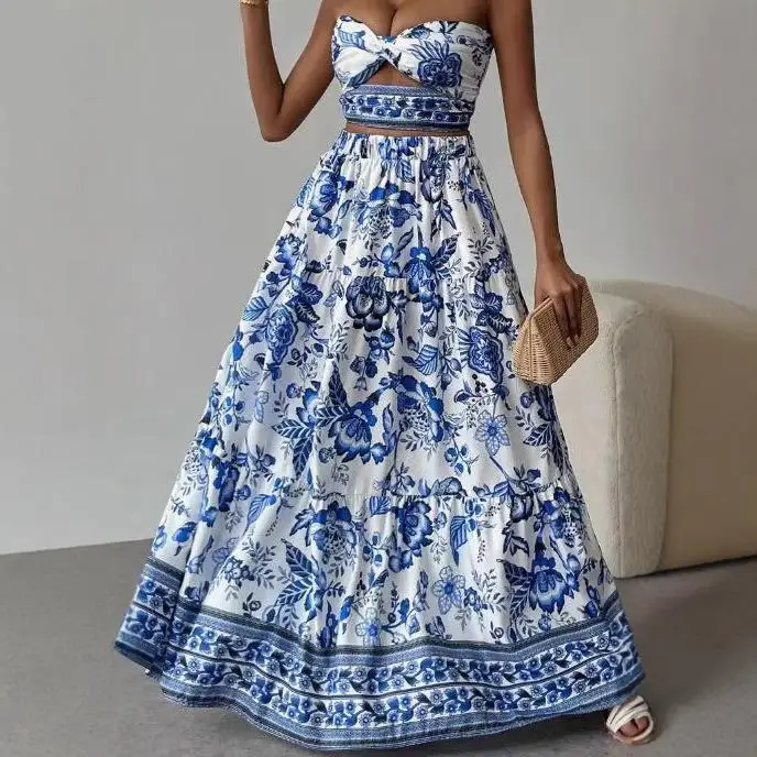 Bedrucktes langes Rock-Set für Damen, Sommer-Faion-Top, T-Shirt-Set, Svel-Pflanze, Blumenmuster, Arbeitskleidung in Erwachsenengröße