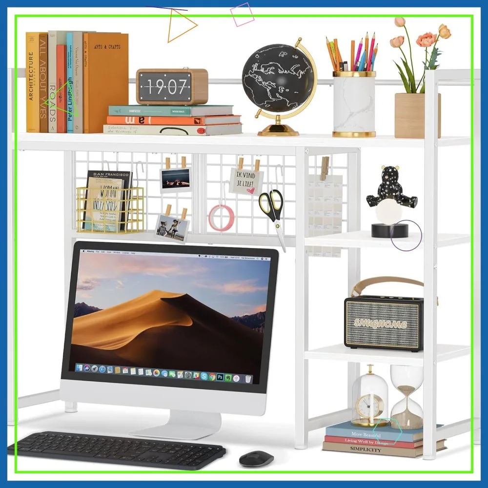 

38.6" Desk Shelf Organizer, 4 Tier Desktop Display Rack with Pegboard Hooks, White Wood Bookshelf for Home Office Dorm