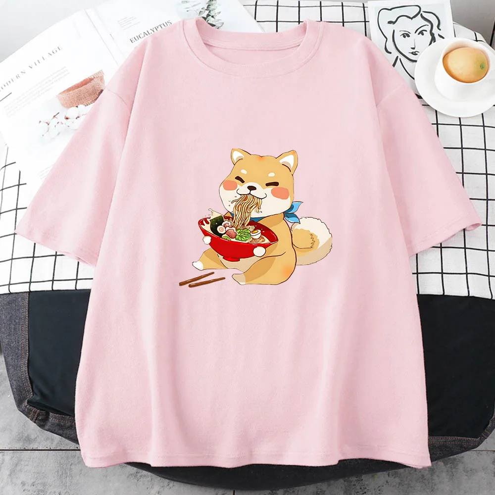 Shiba Inu Enjoying Ramen T-shirt Women's Couples Tops Casual Loose American Illustration Style Short-sleeved Upper Shirt Gothic