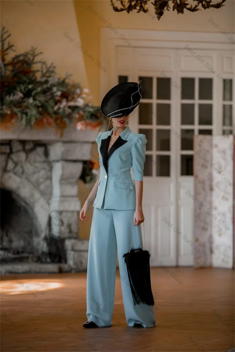 

Blue Black Women Suit Set 2 Pcs Blazer Pants Trousers Cotton 3/4 Full Sleeve Formal Office Jacket Customized Wedding Guest Coat