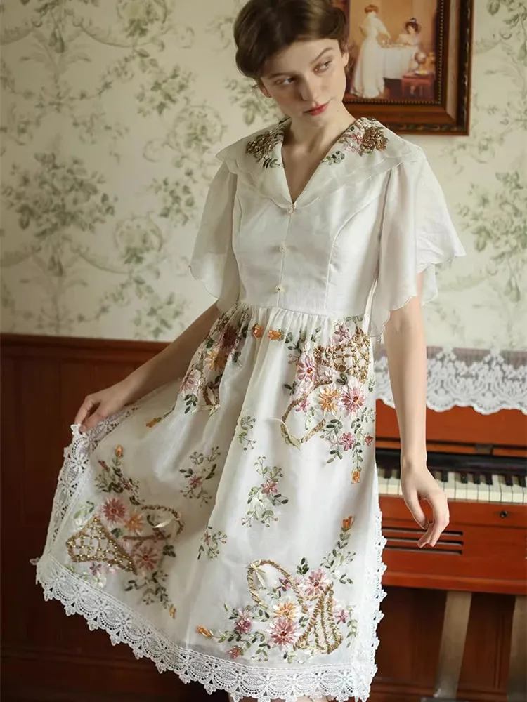 AIGYPTOS Summer Midi White Dress For Women Vintage Elegant Slim Handmade Beading Antique Ribbon Embroidery Limited Edition Dress