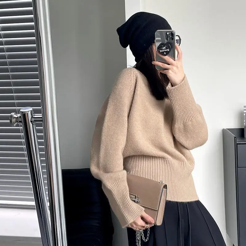 

Женский свитер в корейском стиле с круглым вырезом, осенне-зимний, утолщенный, свободный, теплый, вязаный топ, модная женская одежда