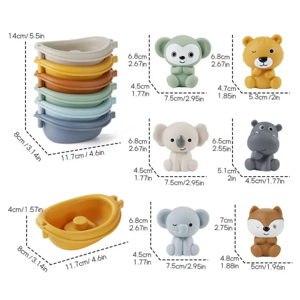 Burattino da dito Giocattoli da bagnetto per bambini Disegni di animali Educazione precoce Giocattolo da doccia galleggiante Giocattoli da barca impilabili colorati in silicone