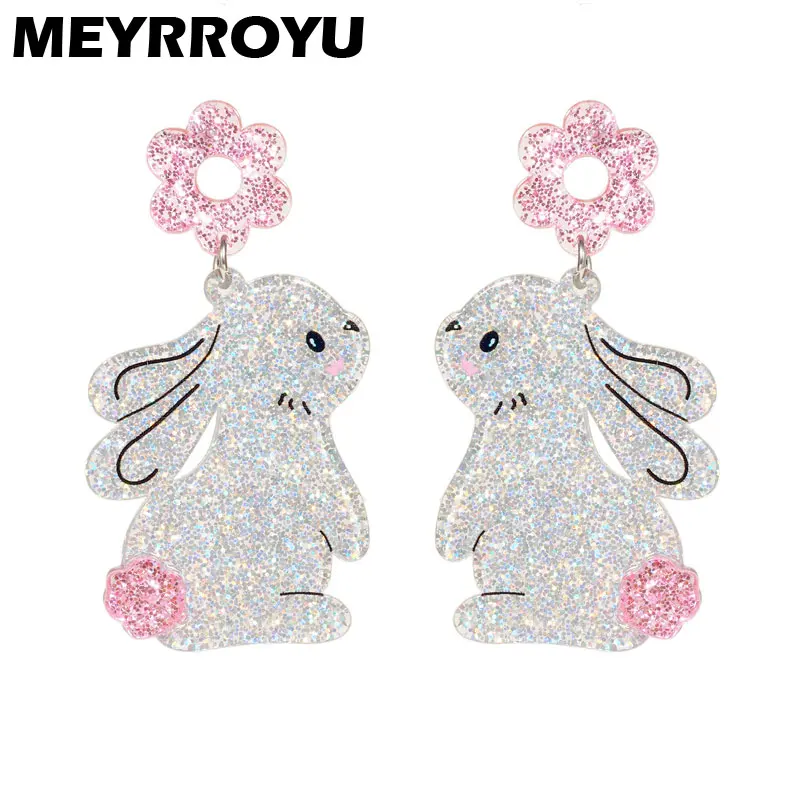 MEYRROYU Acrylic Sparkling Flower Rabbit Earrings For Women Easter Animal Pendant Jewelry New Party Street Reunion Gifts