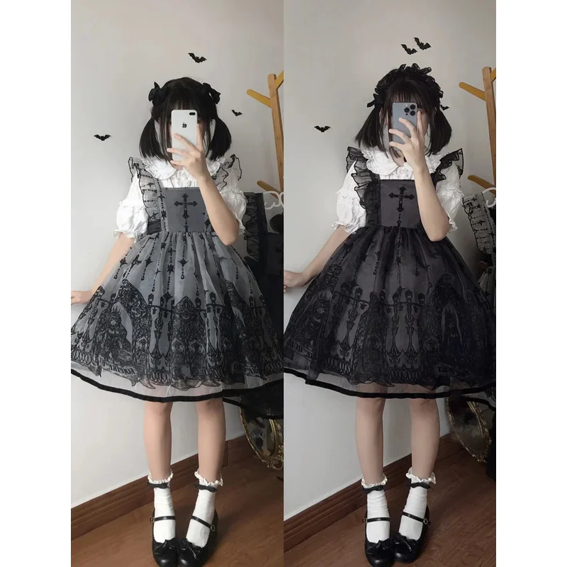qq78Request7Gaun Lolita Musim Semi dan Musim Gugur JSK Angin Gelap Lucu Manis Hitam Abu-abu Renda Kerah Persegi Silang Penyihir Bordir Busur Ka