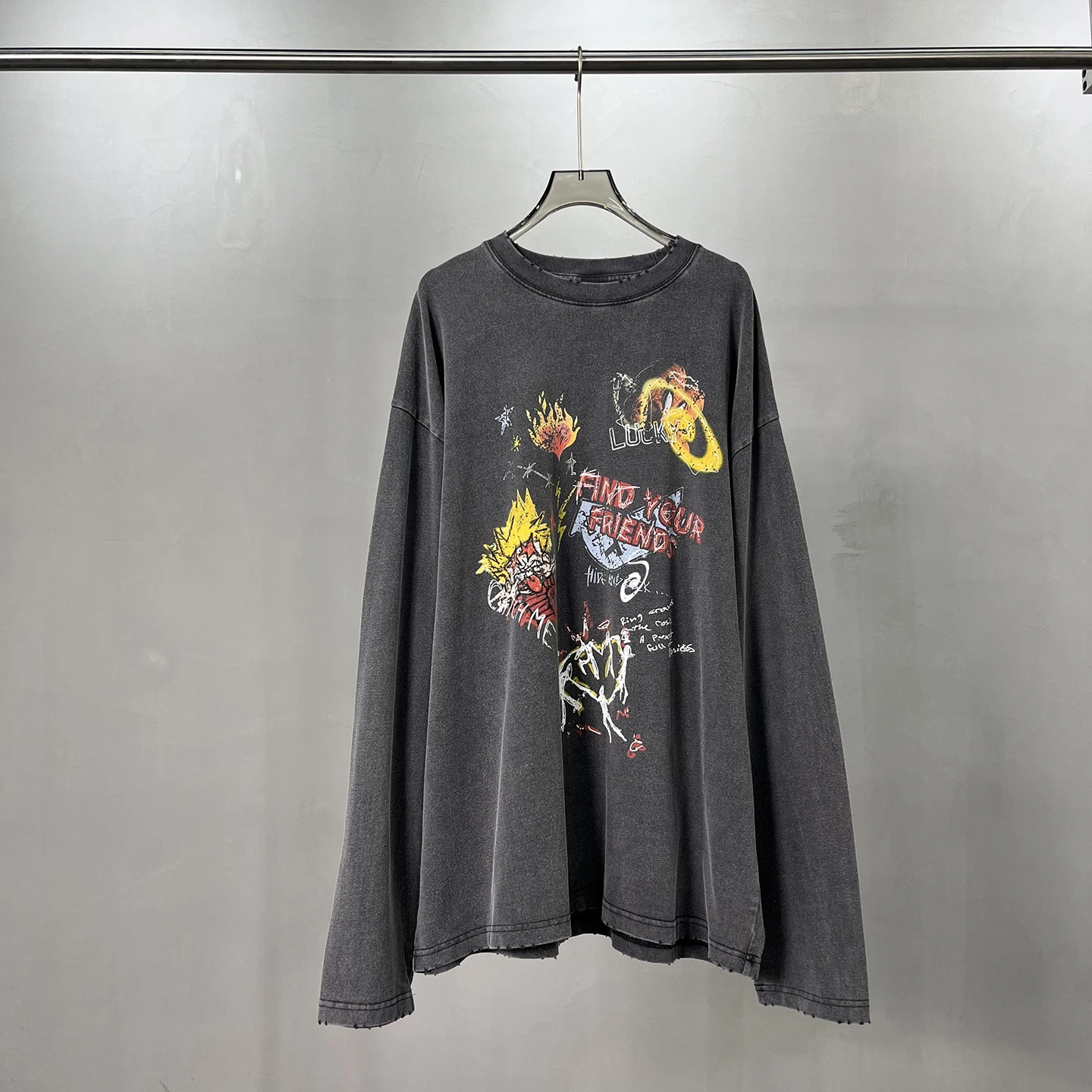 

Waed Vintage American High Street Cartoon fiti Letter Print Long Sve T-irt Loose Fit Youth Casual round Ne Tee