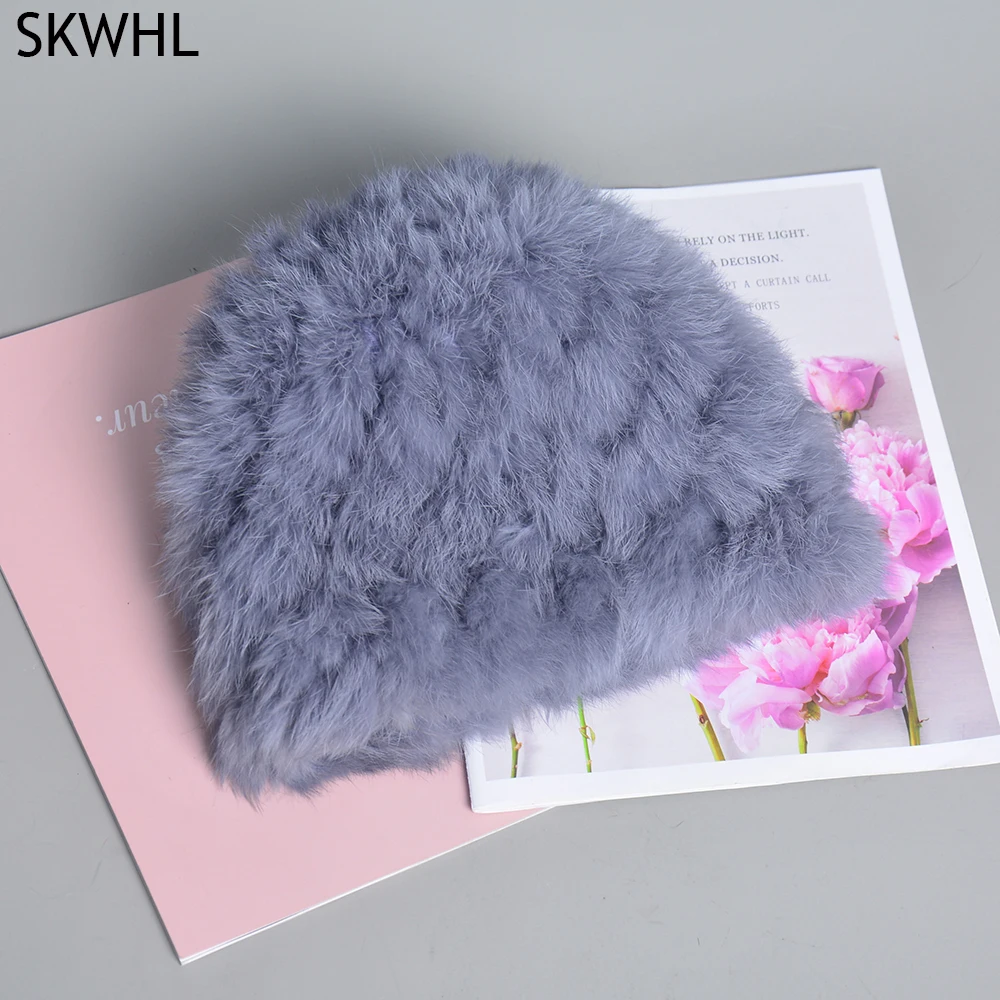 2024 New Fashion Russian Women Knitted Real Rabbit Fur Bomber Hats Winter Lady Warm Fluffy Rabbit Fur Hat Good Elastic Fur Caps