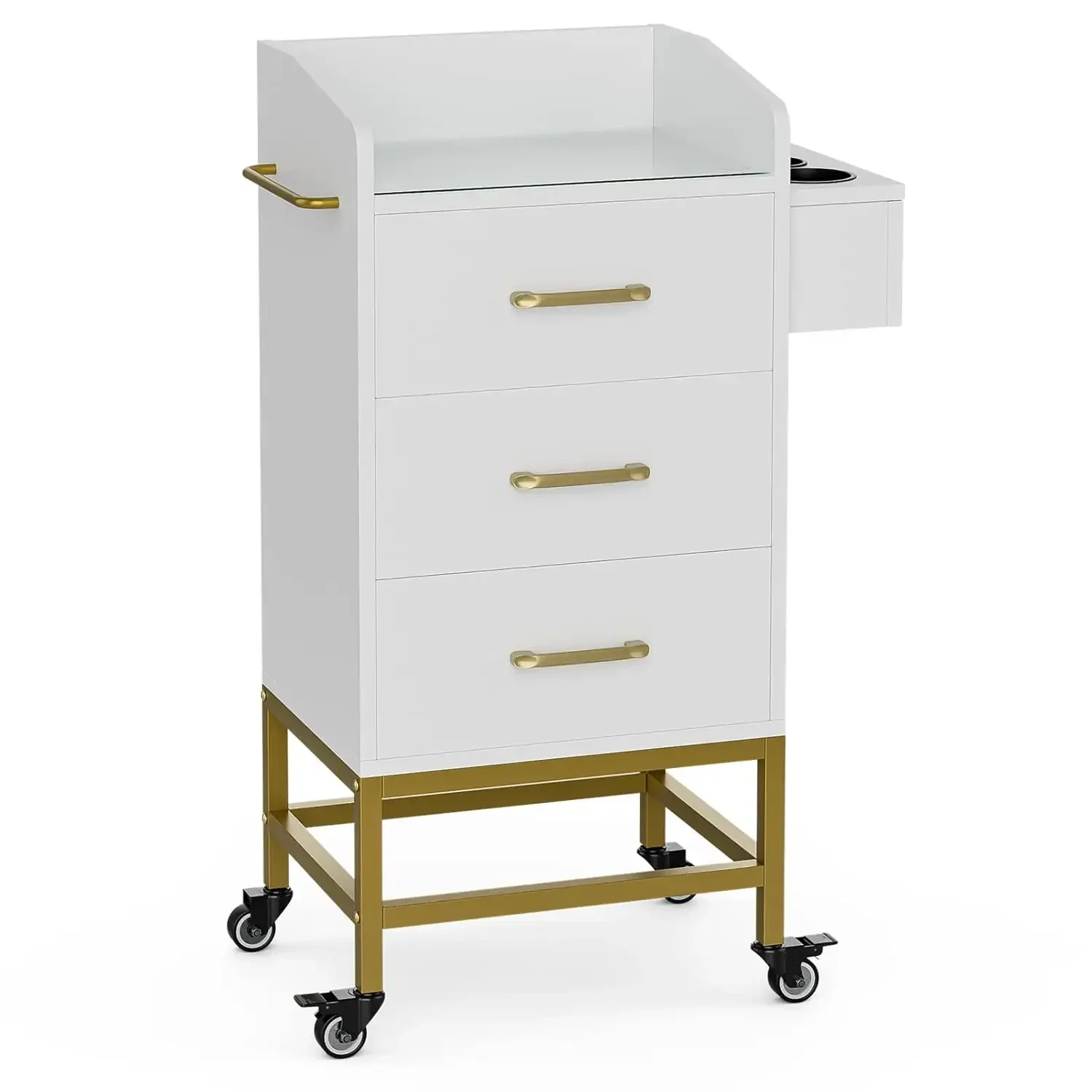 Beauty Salon Storage Trolley Cart, Glass Top Hair Salon Stations Cabinet for Stylist with Dryer Holder Stylist Equipment with Lo