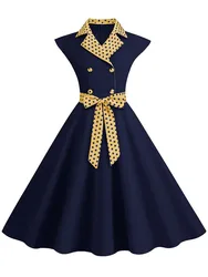 Gekerbter Kragen Vintage feste Party kleider Frauen Sommer ärmellose Gürtel Midi Swing Sommerkleid