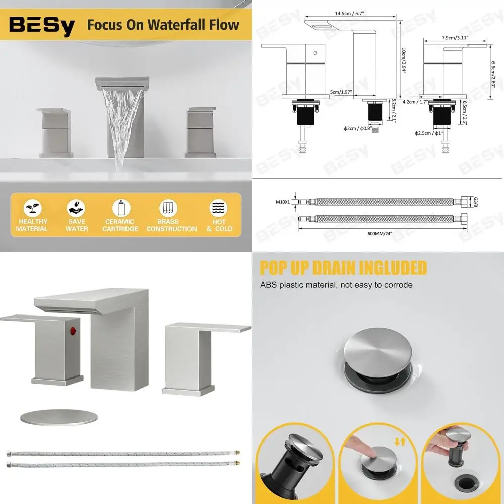 8 صنابير حوض حمام مربعة الشكل ذات 3 فتحات مع مقبضين وصرف منبثق من النيكل المصقول