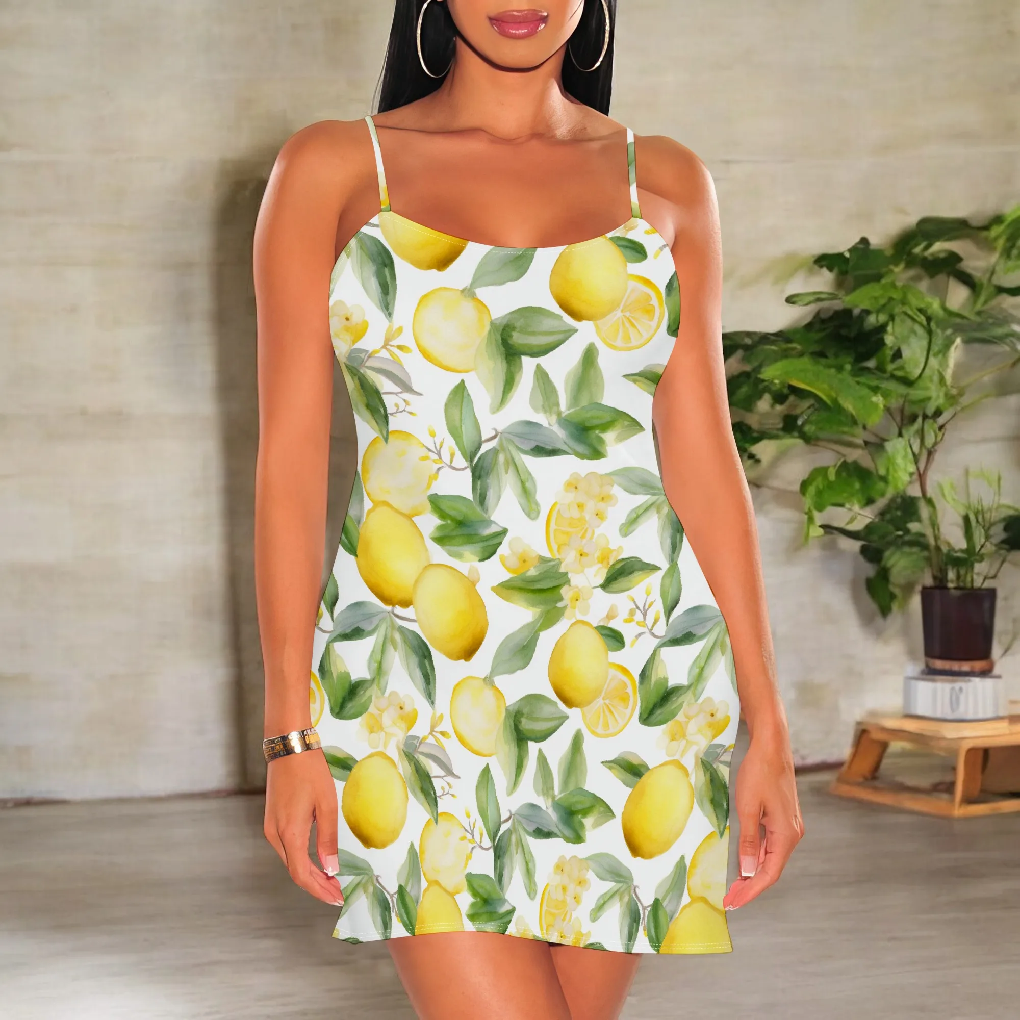 

Women's Lemon Print Mini Dress Sleeveless Spaghetti Strap V-Neck A-line Dress for Summer Vacation Beach Wear S-3XL