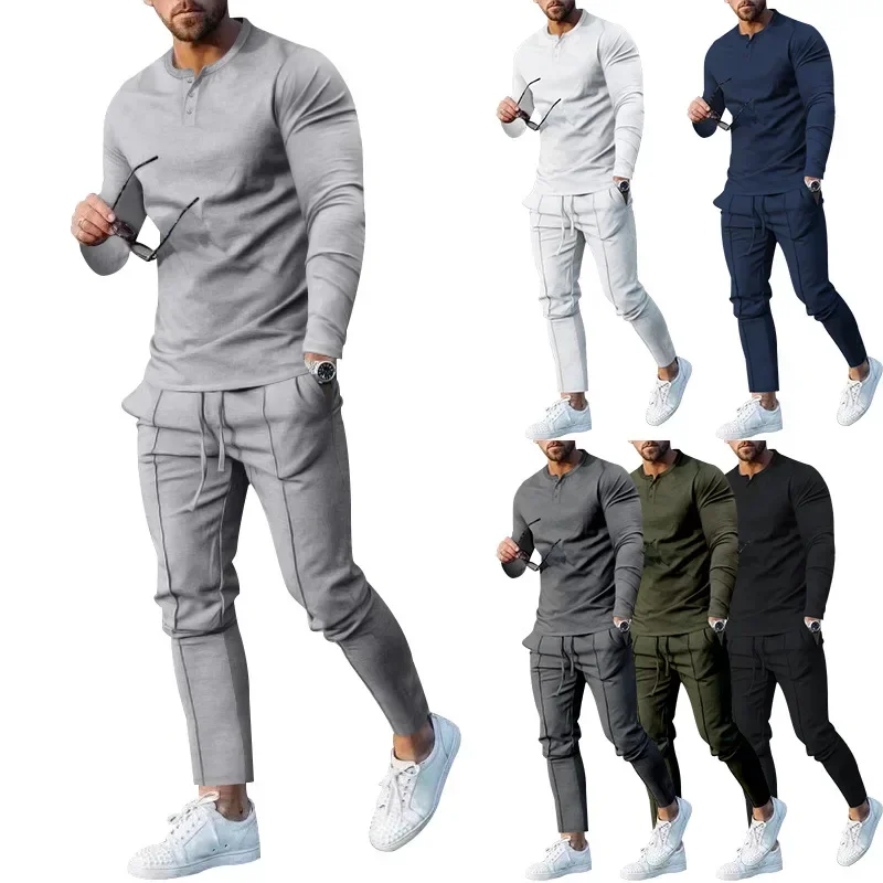 New Plus Size Mens Suits Solid Color Henry Shirt Long-sleeved Trousers Suit Autumn  Mens Sets