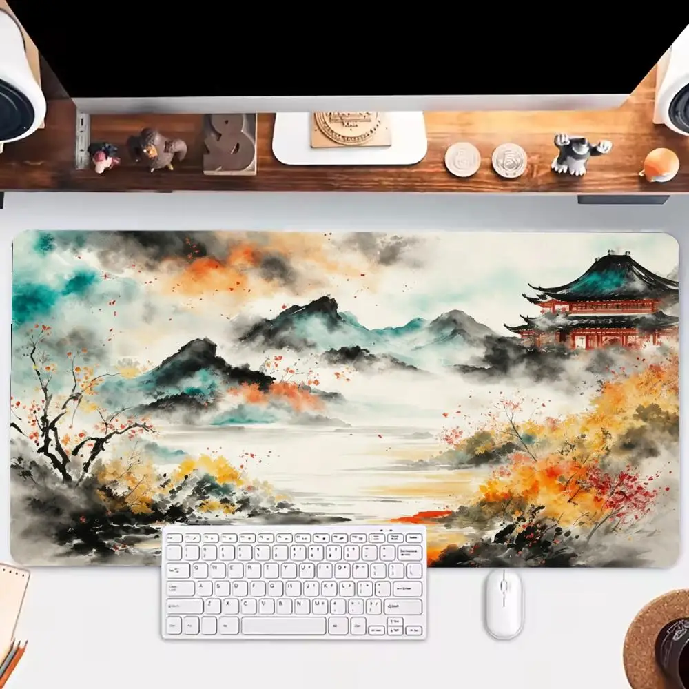 Traditional Chinese Ink Mountain Pavilion Landscape Playmat Designed For Casual Laptop Office Desktop Pad