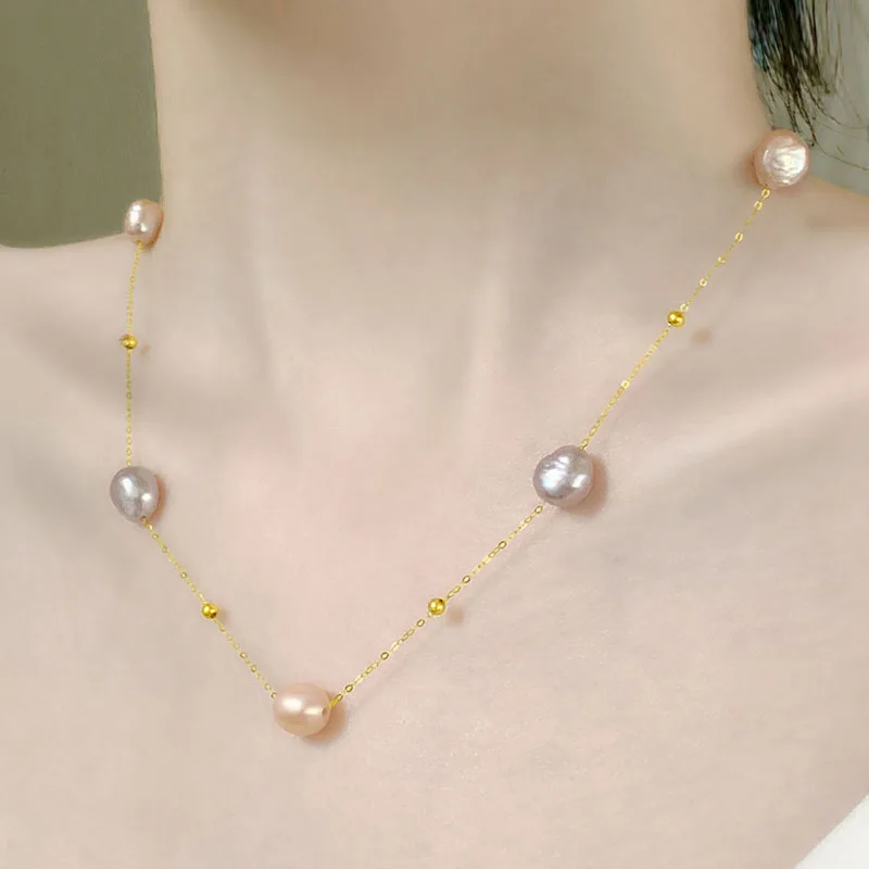 

NYMPH Real 18K Gold Necklace Pendnat Fine Jewelry Baroque Natural Freshwater Pearl Pure AU750 Chain for Women Wedding Gift X559