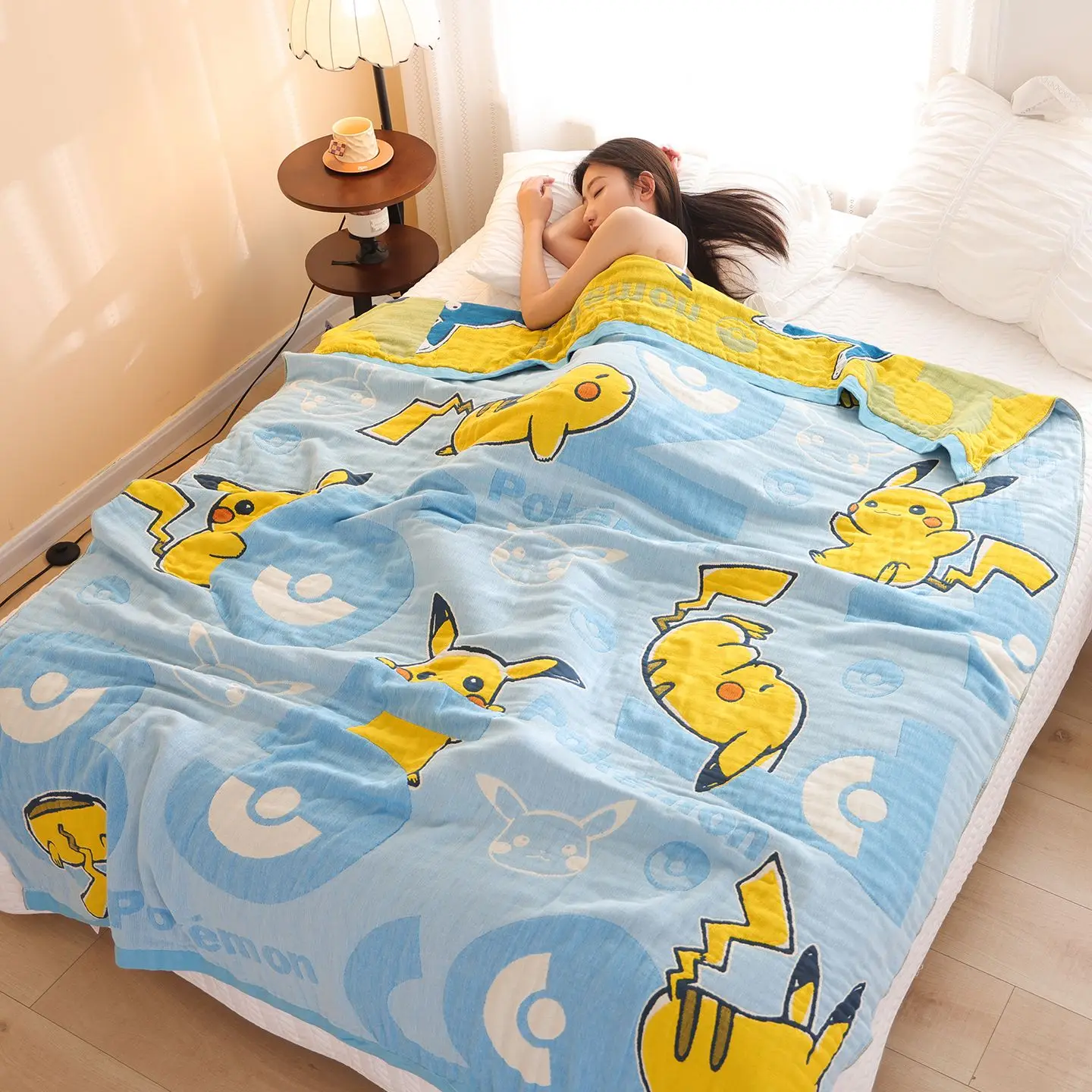 Pikachu Cotton Gauze Throw, Anime Sweat-wicking Nap AC Sofa Blanket