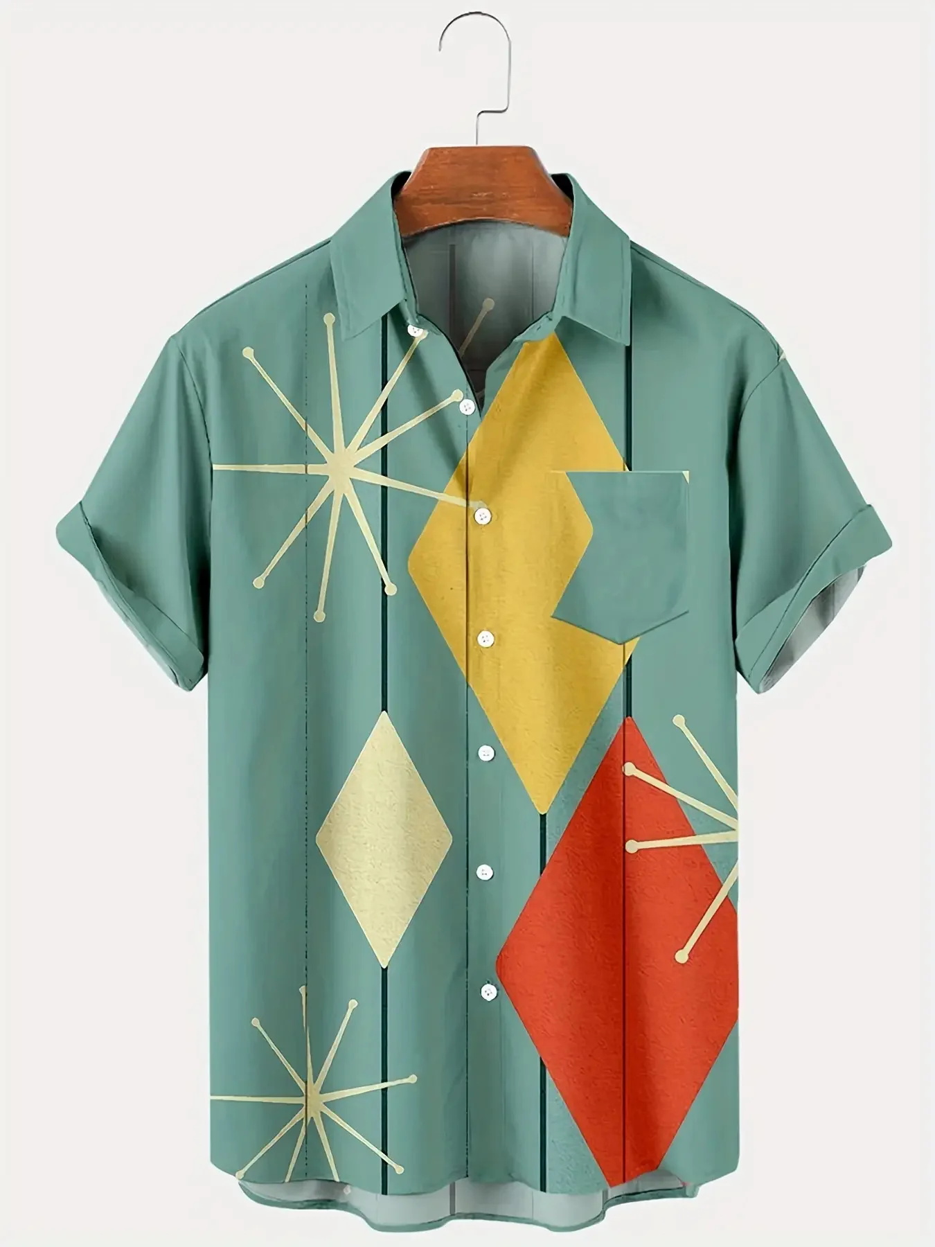 Men Loose Summer Shirt Retro Atomic Geometric Star Diamond Full‑Print Lapel Top Leisure Party Outfit