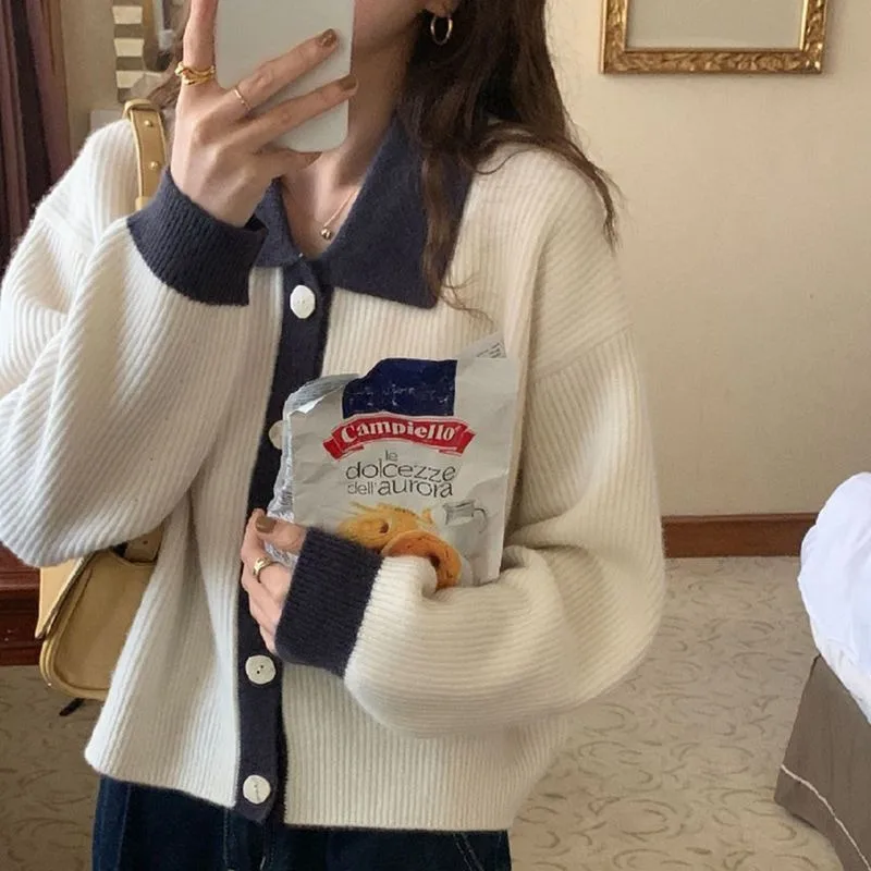 

Autumn new vintage collar contrasting color knitted cardigan women's versatile long sleeved lazy loose polo collar sweater jacke